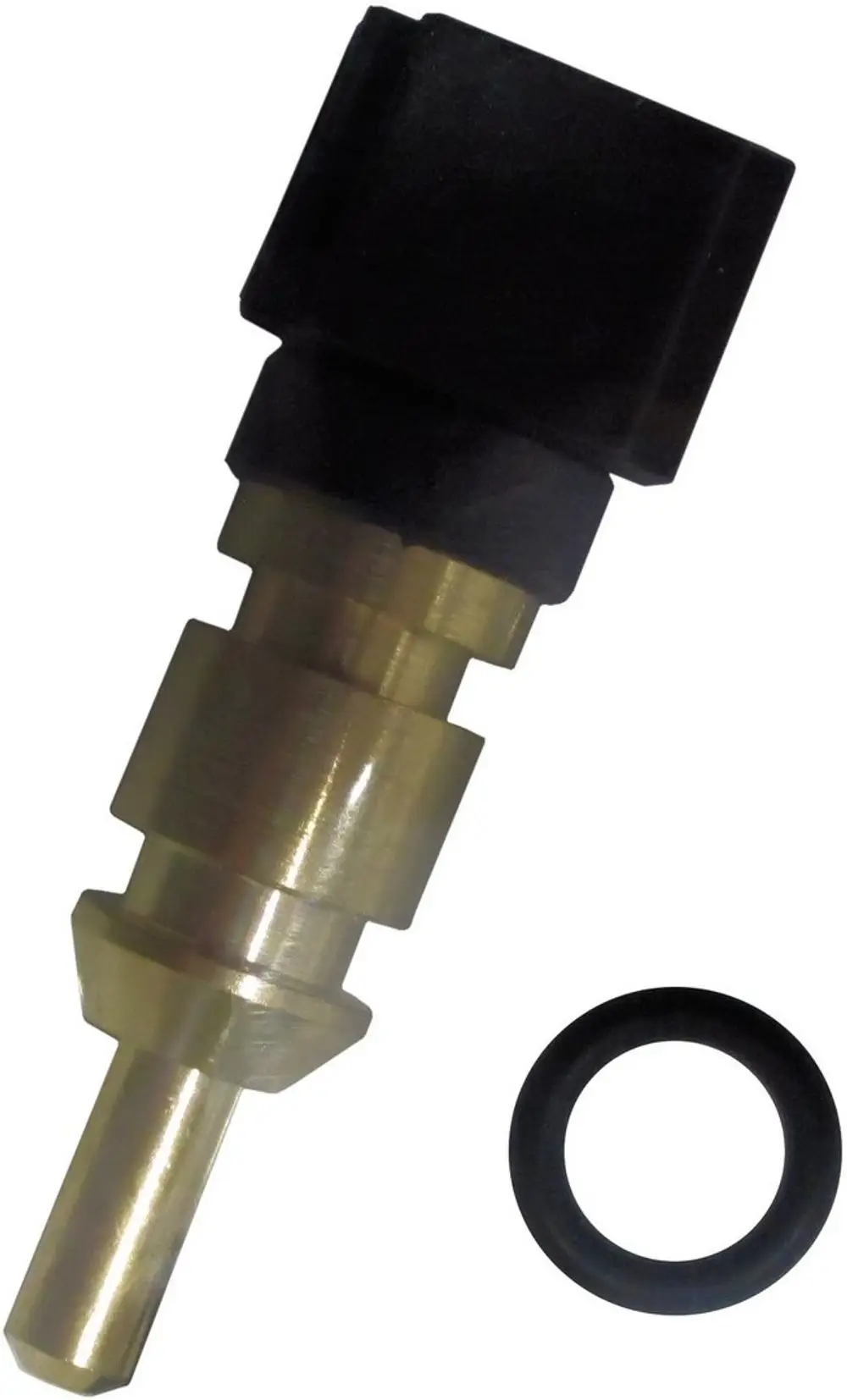 Temperaturfühler von Bosch mit einem metallischen Zylinder und einem schwarzen Kunststoffstecker. Inklusive eines Gummidichtrings.